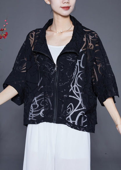 Black Zip Up Hollow Out Cotton Coat Outwear Summer