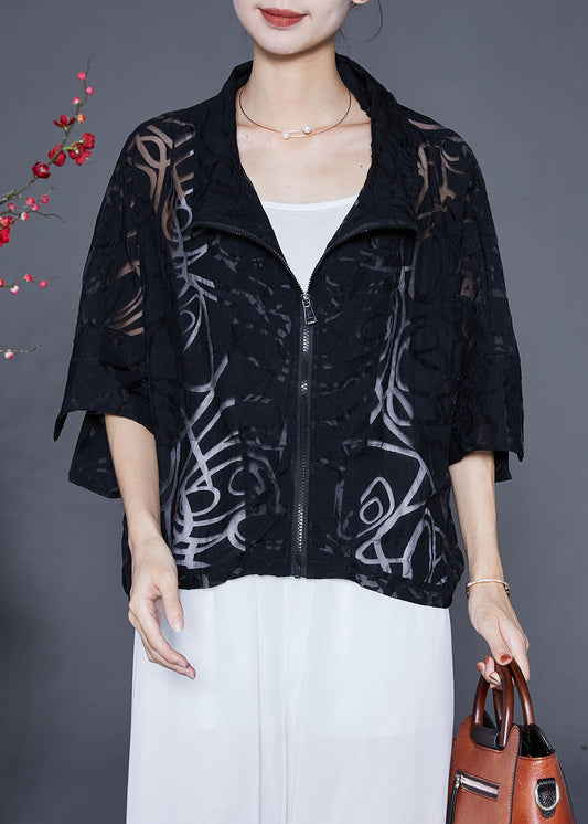 Black Zip Up Hollow Out Cotton Coat Outwear Summer