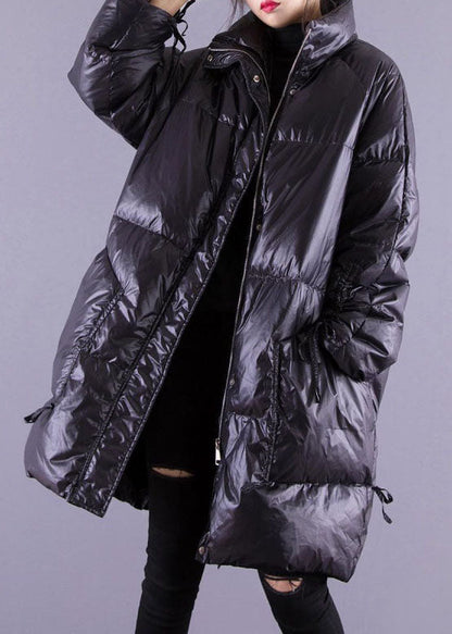 Black Zip Up Pockets Fine Cotton Filled Coat Winter