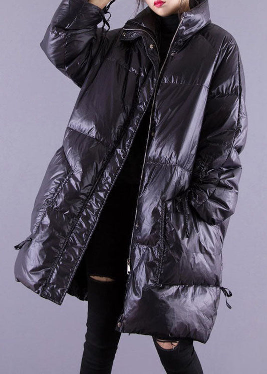 Black Zip Up Pockets Fine Cotton Filled Coat Winter