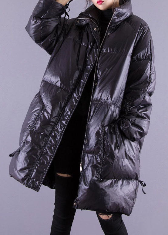 Black Zip Up Pockets Fine Cotton Filled Coat Winter