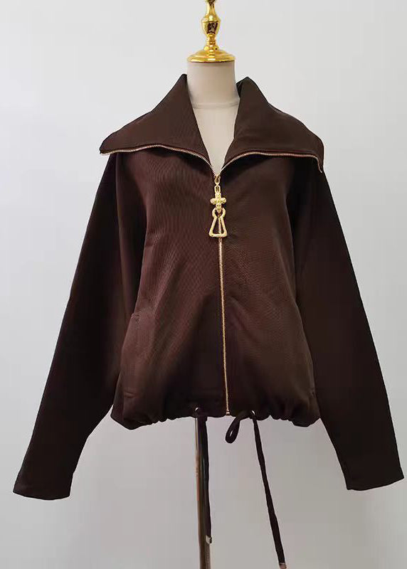 Black Zipper Drawstring Splicing Design Jacket Batwing Sleeve