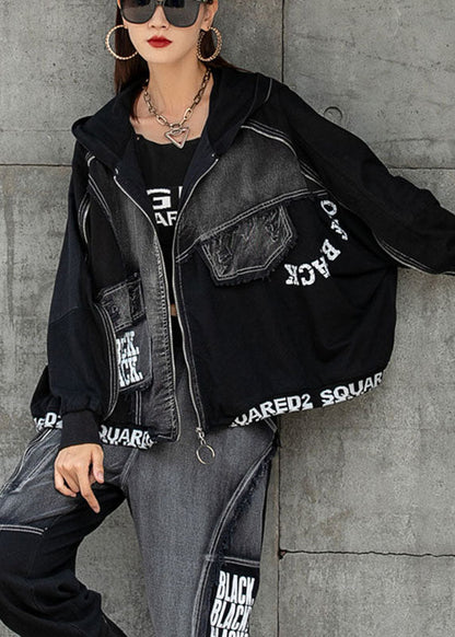 Black Zippered Patchwork Bat Wing Sleeve Fall Hoodies Outwear