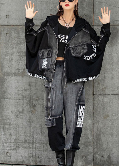 Black Zippered Patchwork Bat Wing Sleeve Fall Hoodies Outwear