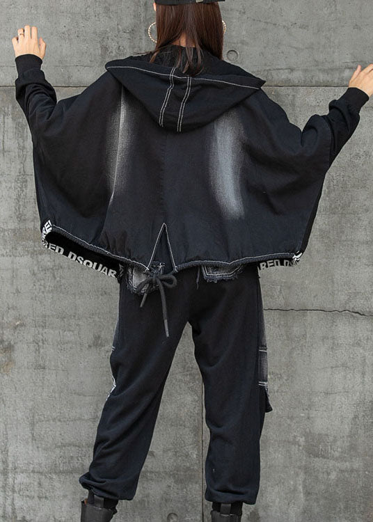 Black Zippered Patchwork Bat Wing Sleeve Fall Hoodies Outwear