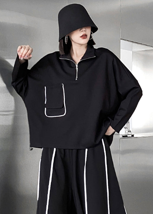 Black Zippered Pockets Patchwork Cotton Sweatshirt Fall