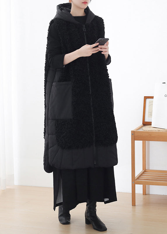 Black Zippered Woolen Hoodies Waistcoat Sleeveless