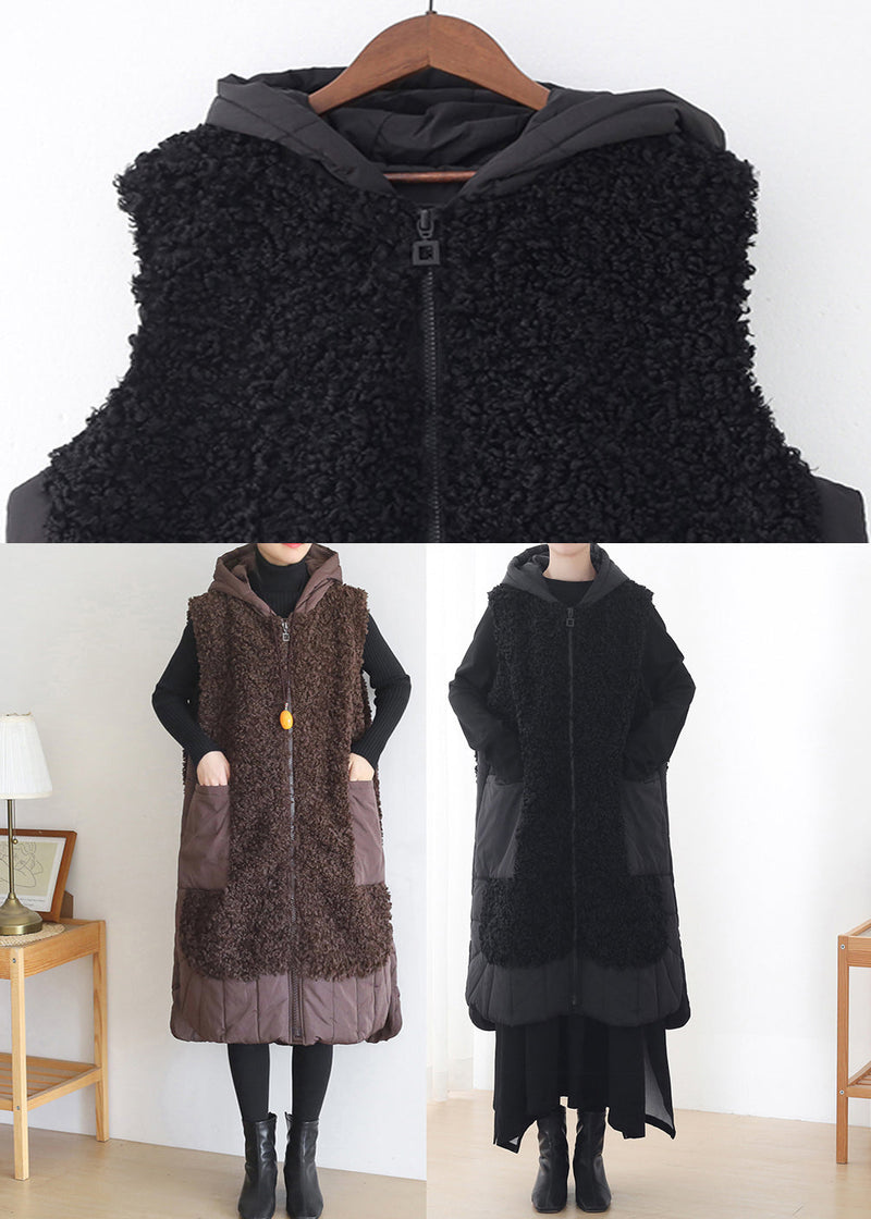 Black Zippered Woolen Hoodies Waistcoat Sleeveless
