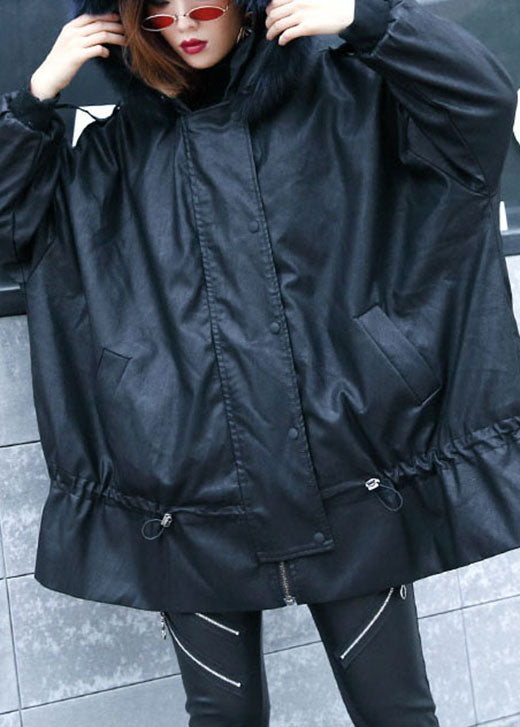 Black Hooded Fur Collar Warm Drawstring Winter Cotton Pu