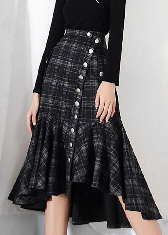 Black Low High Design Ruffles Plaid Skirt Spring