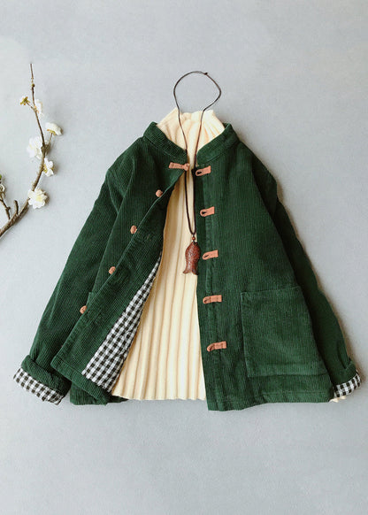 Blackish Green O-neck Pockets Thick Corduroy Parka Winter