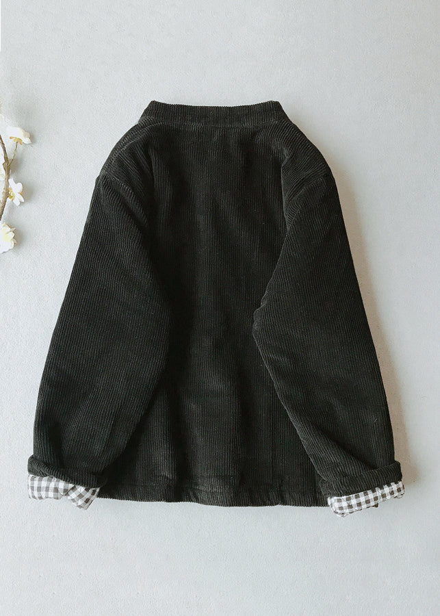 Blackish Green O-neck Pockets Thick Corduroy Parka Winter