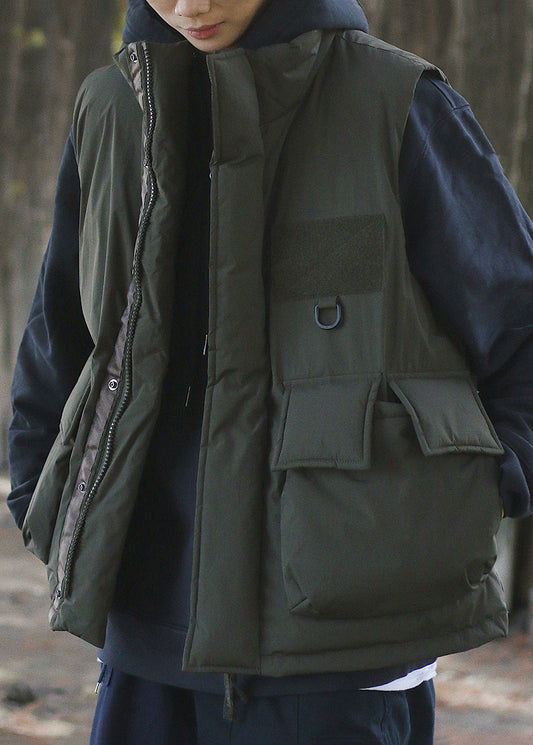 Blackish Green Oversized Pockets Fine Cotton Filled Puffer Vest Winter