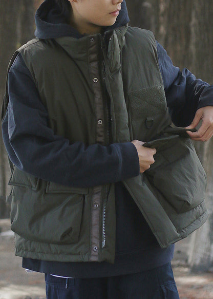 Blackish Green Oversized Pockets Fine Cotton Filled Puffer Vest Winter
