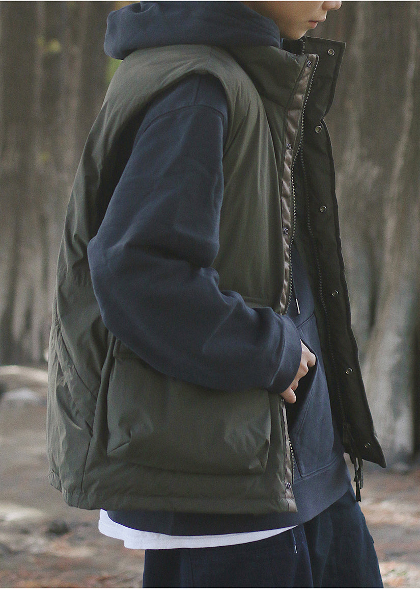 Blackish Green Oversized Pockets Fine Cotton Filled Puffer Vest Winter