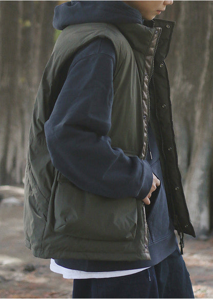 Blackish Green Oversized Pockets Fine Cotton Filled Puffer Vest Winter