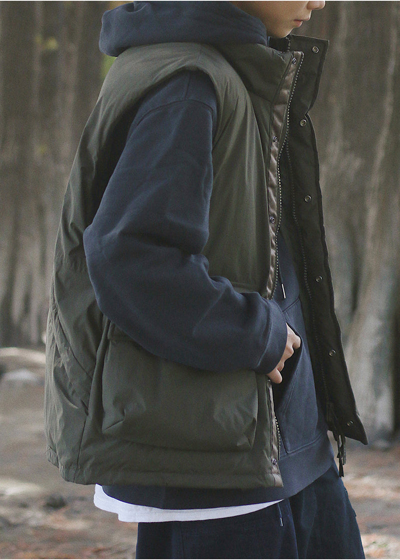Blackish Green Oversized Pockets Fine Cotton Filled Puffer Vest Winter