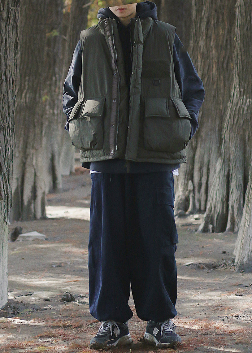 Blackish Green Oversized Pockets Fine Cotton Filled Puffer Vest Winter