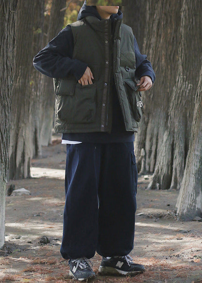 Blackish Green Oversized Pockets Fine Cotton Filled Puffer Vest Winter