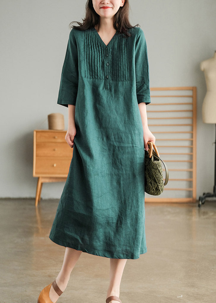 Blackish Green V Neck Linen Vacation Dresses Half Sleeve