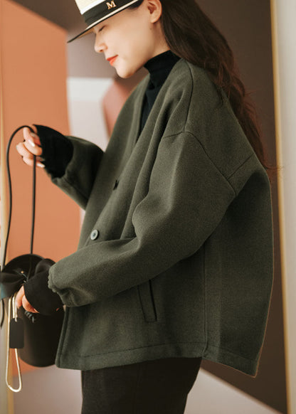 Blackish Green V Neck Pockets Woolen Jackets Winter