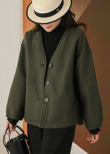 Blackish Green V Neck Pockets Woolen Jackets Winter
