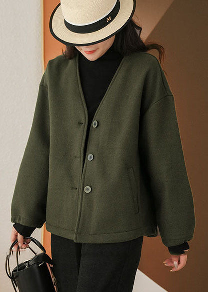 Blackish Green V Neck Pockets Woolen Jackets Winter