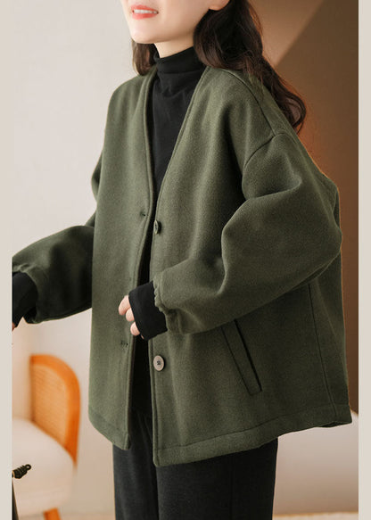 Blackish Green V Neck Pockets Woolen Jackets Winter