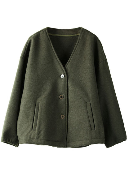Blackish Green V Neck Pockets Woolen Jackets Winter