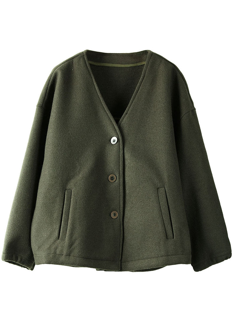 Blackish Green V Neck Pockets Woolen Jackets Winter