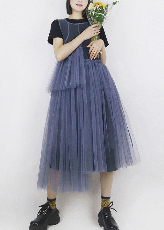 Blue Asymmetrical Design Tulle Robe Dresses Long Smock Summer