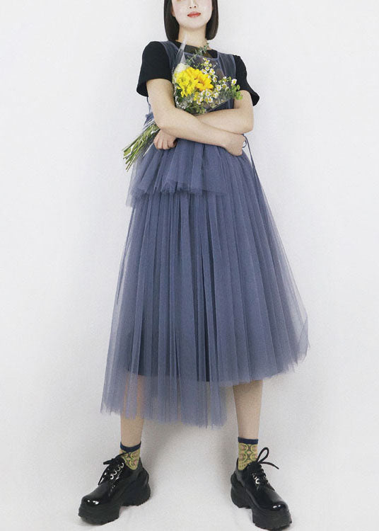 Blue Asymmetrical Design Tulle Robe Dresses Long Smock Summer
