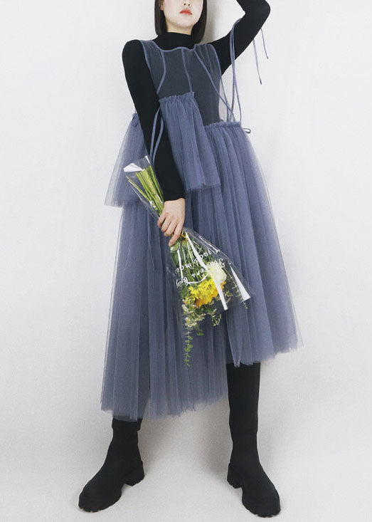 Blue Asymmetrical Design Tulle Robe Dresses Long Smock Summer