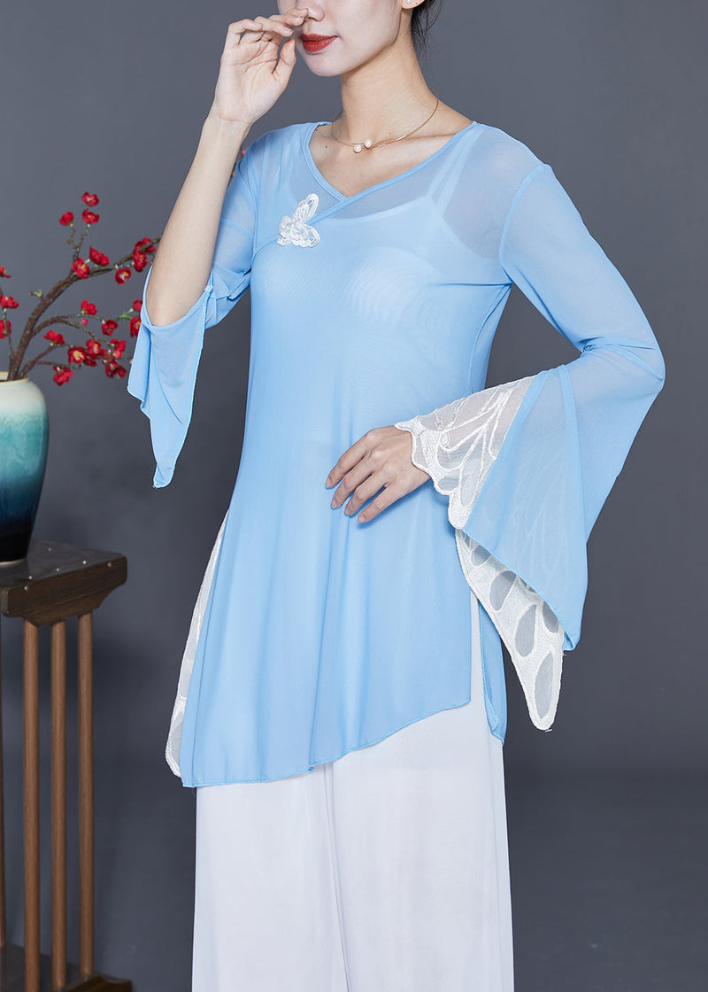 Blue Asymmetrical Patchwork Butterfly Chiffon Upf 50+ Top Summer