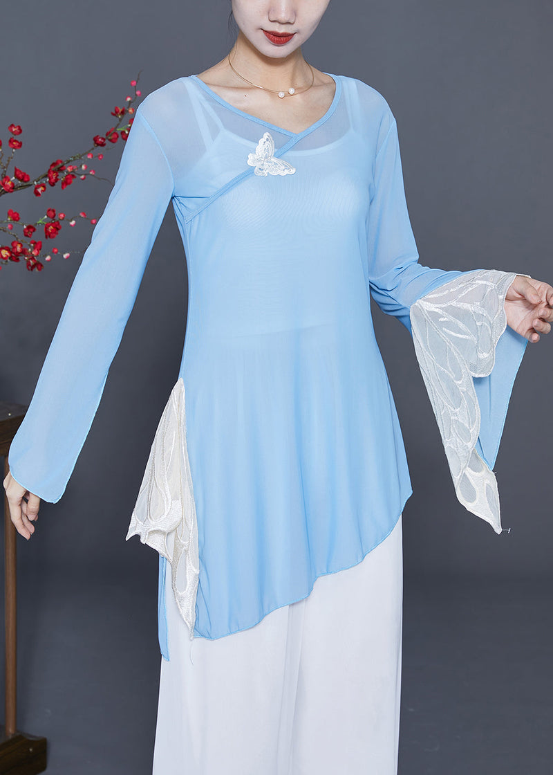 Blue Asymmetrical Patchwork Butterfly Chiffon Upf 50+ Top Summer