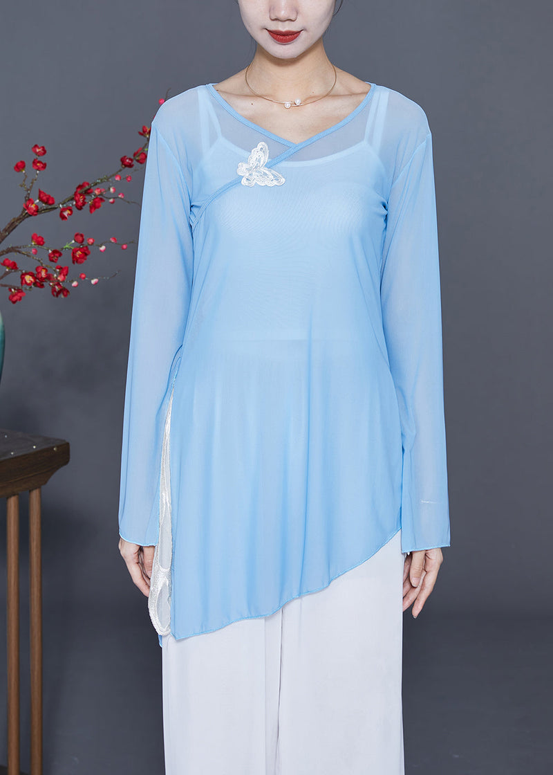 Blue Asymmetrical Patchwork Butterfly Chiffon Upf 50+ Top Summer