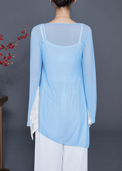 Casual Blue Asymmetrical Patchwork Butterfly Chiffon UPF 50+ Top Summer