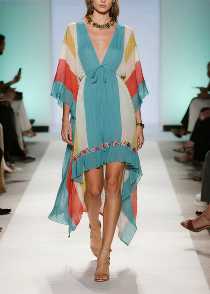 Blue Asymmetrical Striped Cotton Dresses Summer