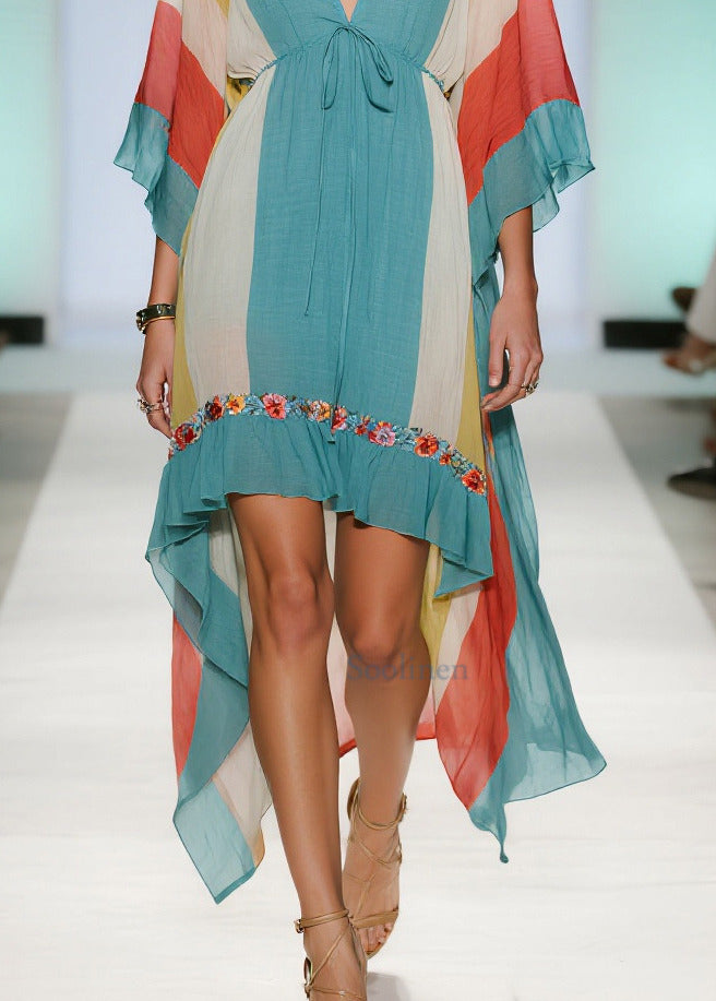 Blue Asymmetrical Striped Cotton Dresses Summer