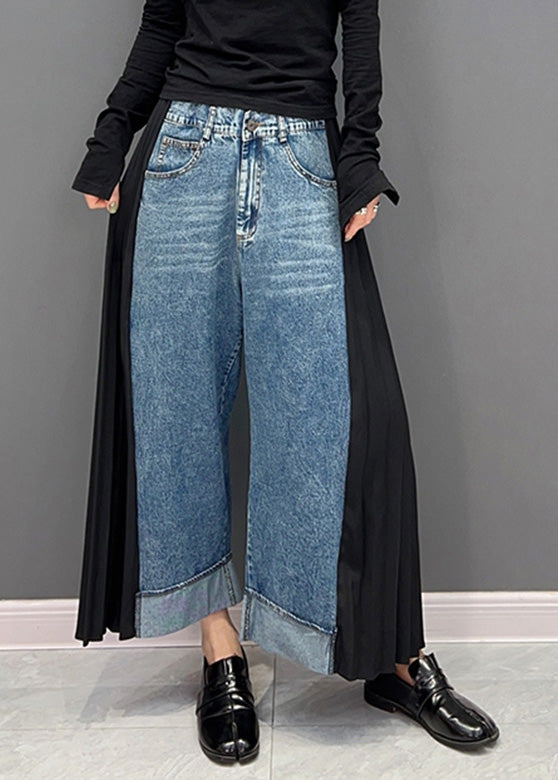 Blue Chiffon Patchwork High Waist Dnime Straight Pants Spring