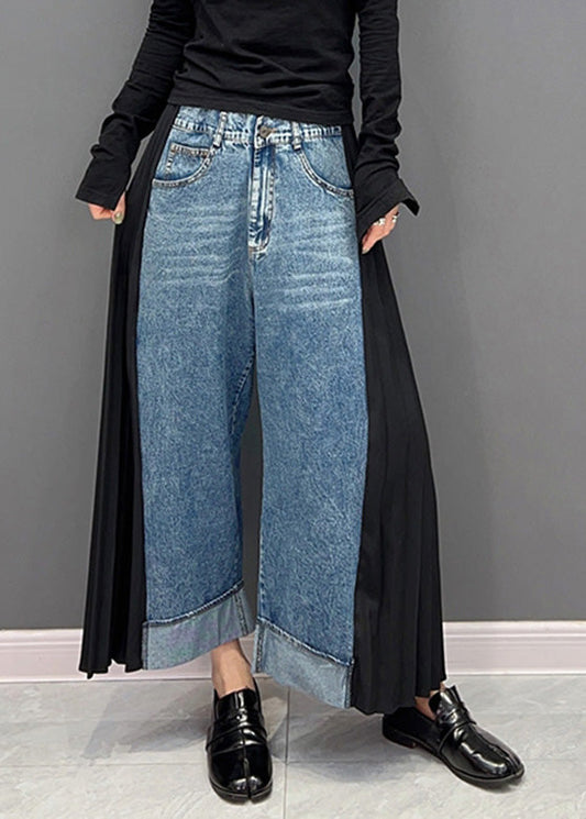 Blue Chiffon Patchwork High Waist Dnime Straight Pants Spring