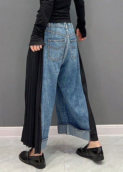 Blue Chiffon Patchwork High Waist Dnime Straight Pants Spring