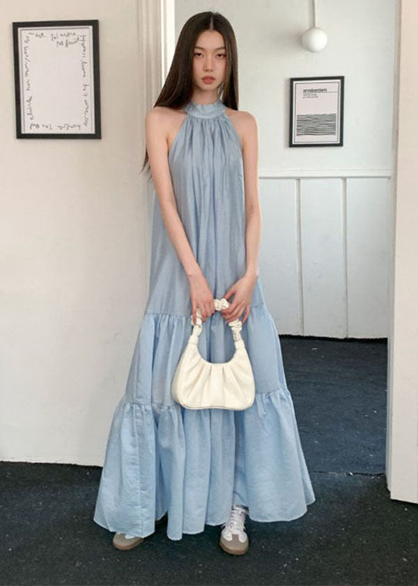 Blue Cold Shoulder Bow Patchwork Exra Large Hem Cotton Beach Dresses Summer