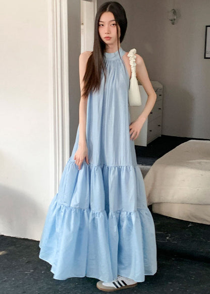 Blue Cold Shoulder Bow Patchwork Exra Large Hem Cotton Beach Dresses Summer