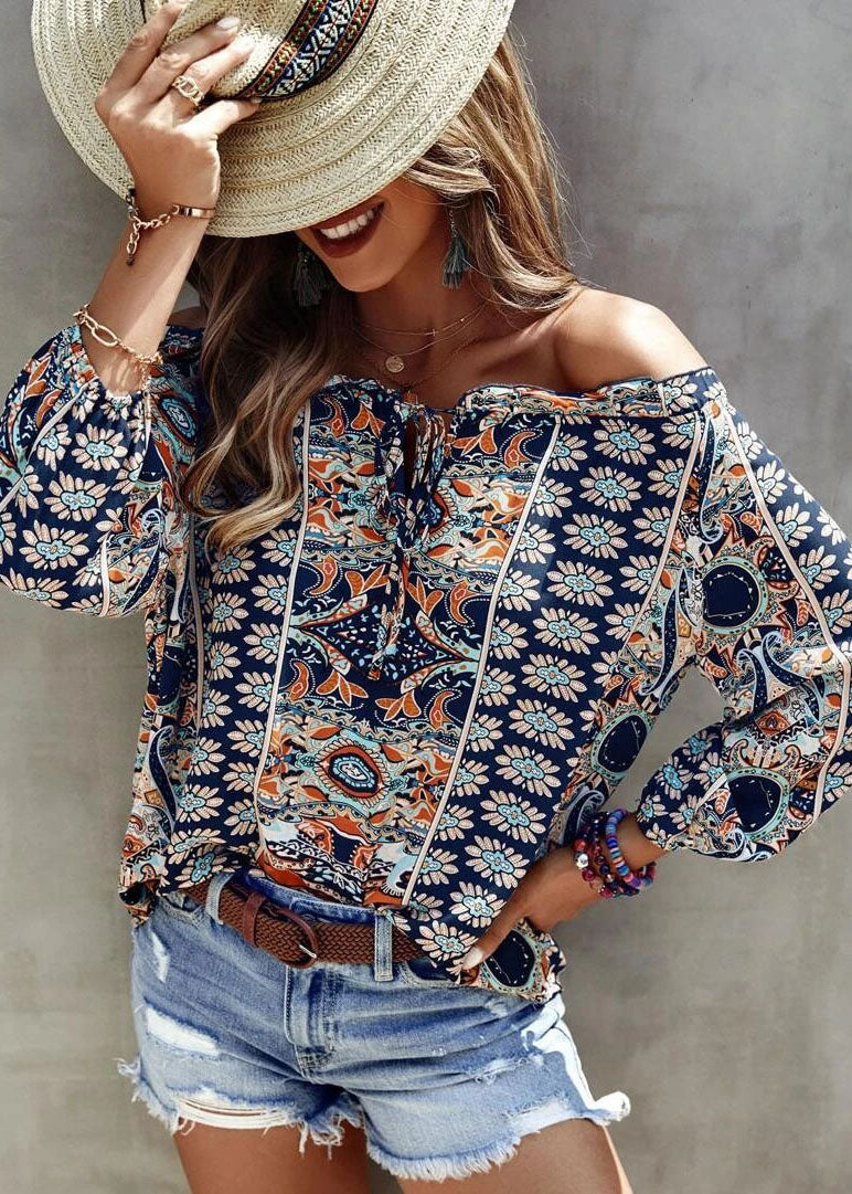 Blue Cold Shoulder Print Cotton Blouse Top Long Sleeve
