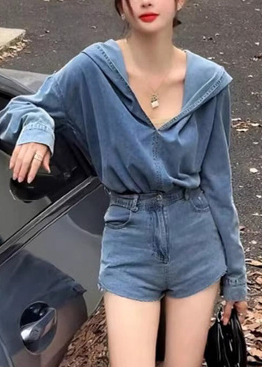 Blue Denim Hooded Top and Shorts Two Pieces Set Spring