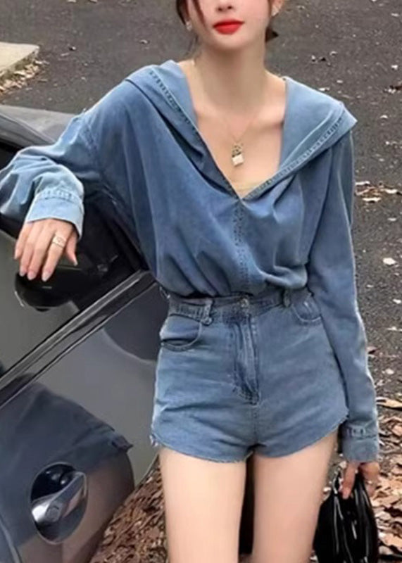 Blue Denim Hooded Top and Shorts Two Pieces Set Spring
