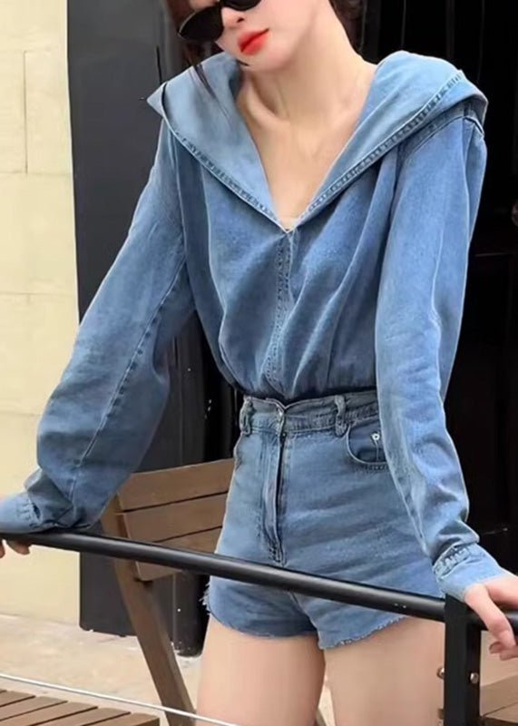 Blue Denim Hooded Top and Shorts Two Pieces Set Spring