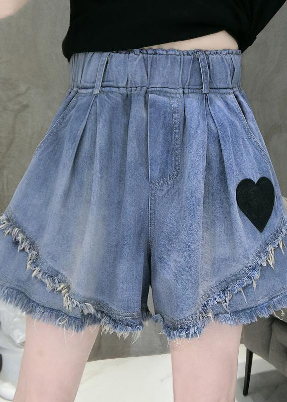Blue Elastic Waist Love Patchwork Shorts Jeans Summer