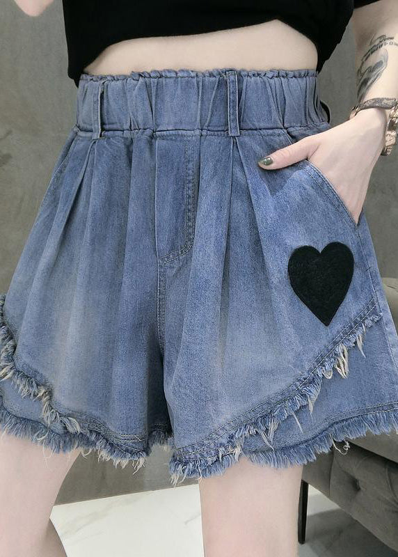 Blue Elastic Waist Love Patchwork Shorts Jeans Summer